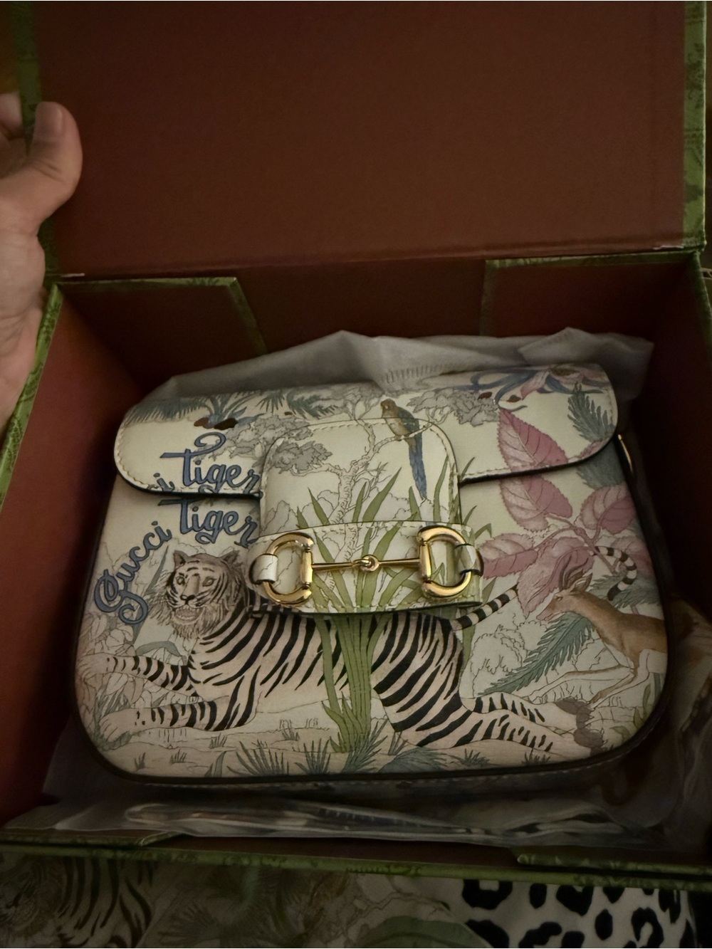 Gucci White Floral & Tiger Print Leather Shoulder Bag with Gold Hardware